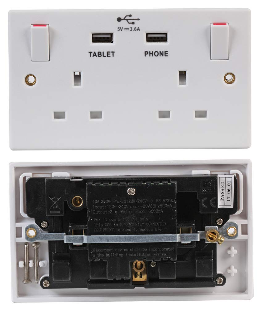 PRO ELEC 2-Gang Switched Mains Socket with USB Charging, 2x USB-A 5V 3.6A, 13A, White – Fits 25mm Wall Box (PELB1956)