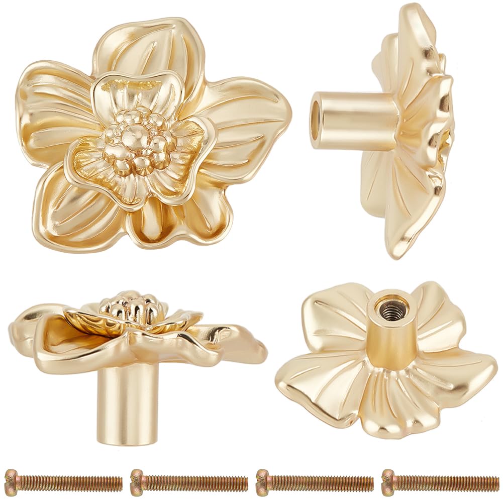 CREATCABIN 4 Sets Gold Flower Drawer Knobs Metal Cabinet Knobs Dresser Handles Vintage Wardrobe Door Cupboard Drawer Furniture Accessory Pulls Handles for Kitchen Bedroom Living Room 1.41x1.63x0.92 in