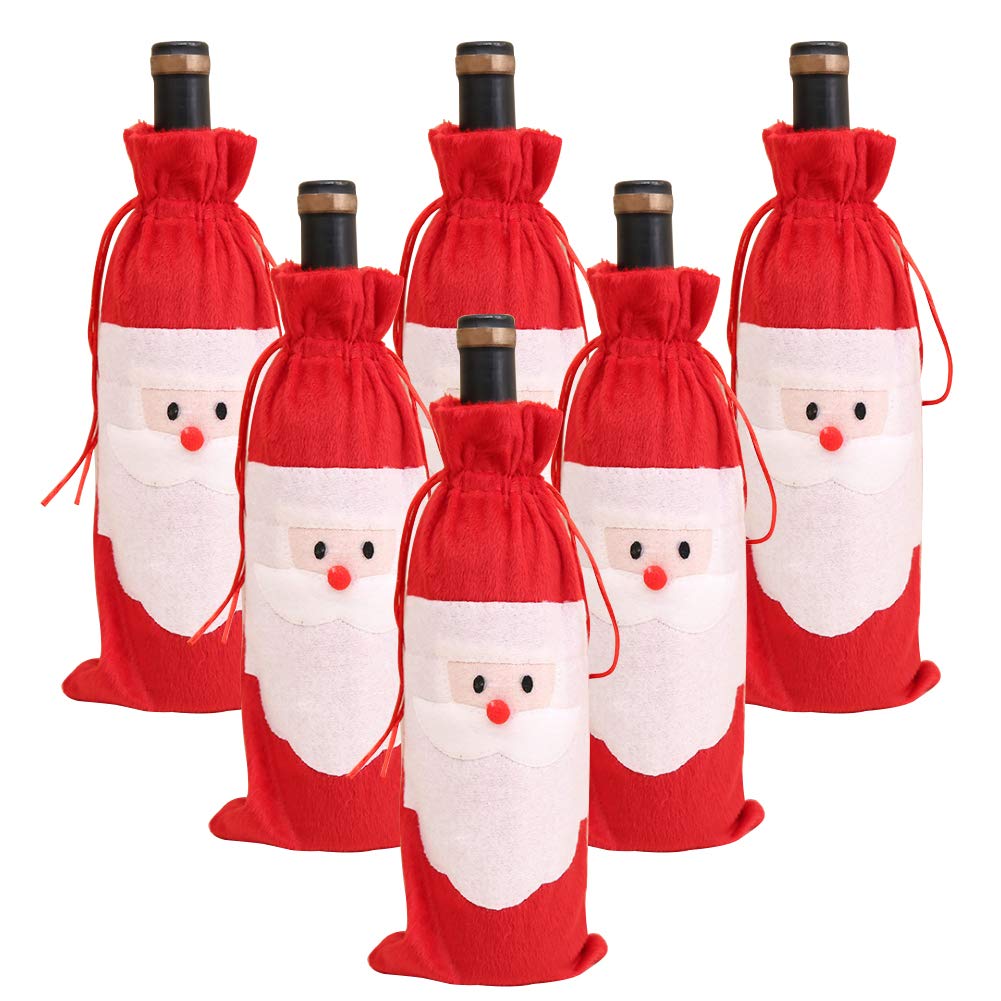 6 Christmas Wine Bottle Gift Bags - Santa Claus Red Wine Covers With Drawstring - Xmas Pouch Wrap for Wedding, Party, Festival, Travel, Dinner Table Decor