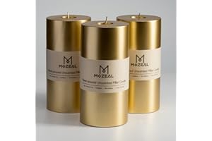 MOZEAL 3" x 6" Hand-Poured Unscented Candle,Dripless Pillar Candle Set of 3,Long Lasting Burning,Approx 120 Hours Burn Time,Rustic Country Style,for Wedding,Dinner,Christmas and Home Decor,Gold