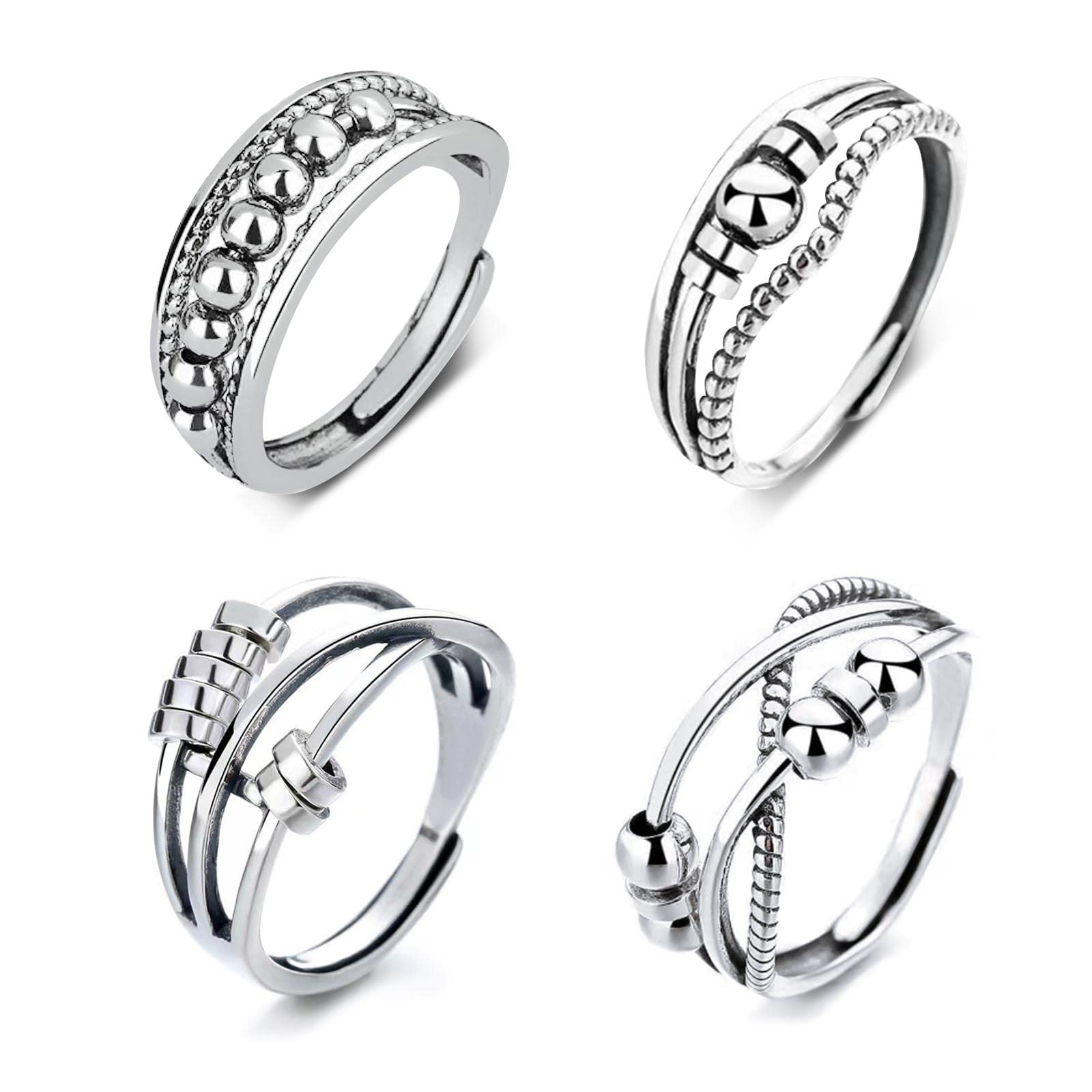 GWAWG 4PCS Anxiety Rings for Women, Silver Stress Relief Spinner Ring with Beads, Adjustable Open Fidget Ring for Teenage girls