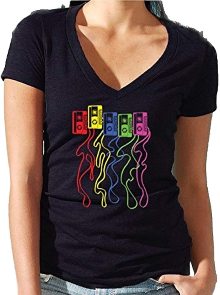 CRAZYDAISYWORLD Cassette Colorful Nostalgia Cassette Type Funny Women's Vneck