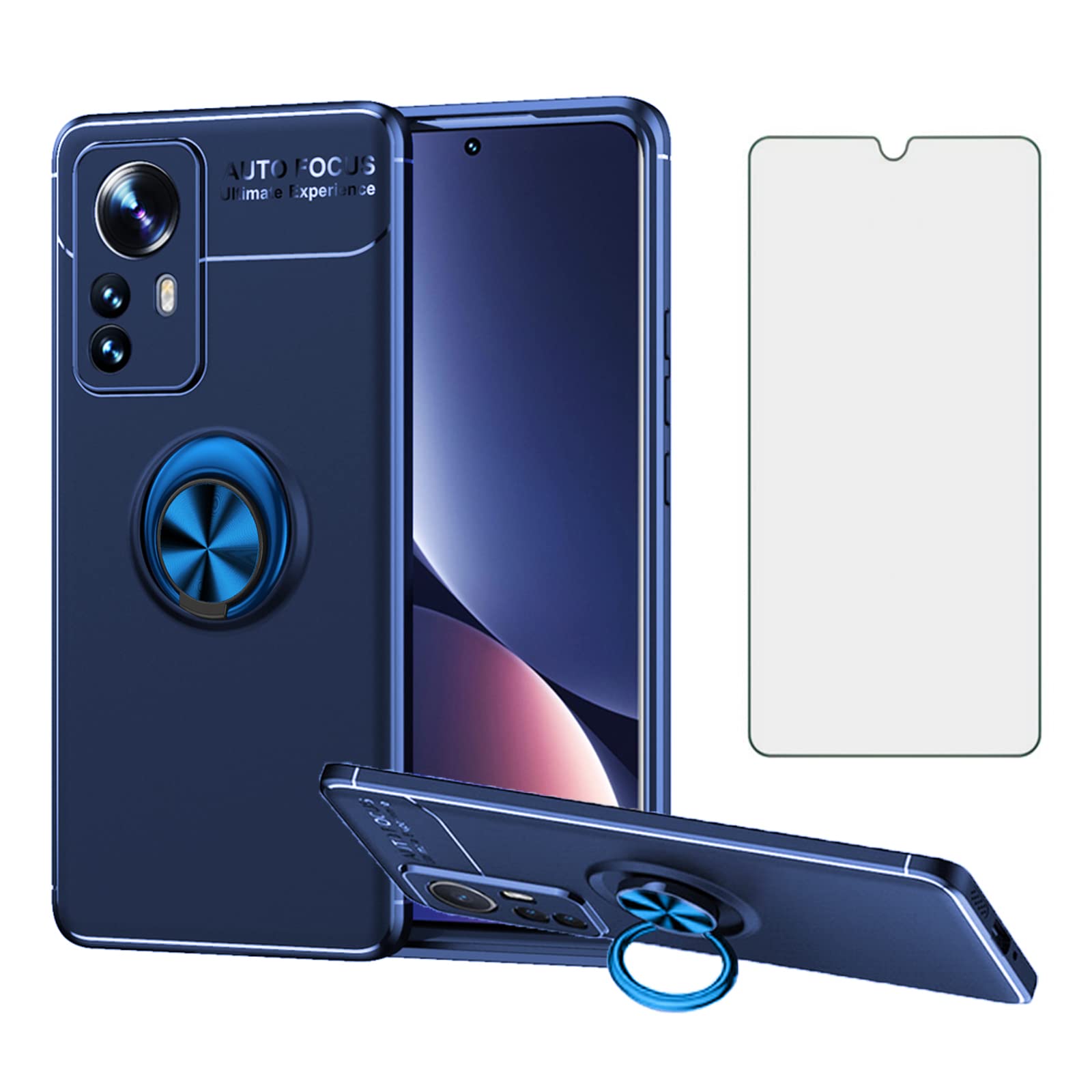 Asuwish Compatible with Xiaomi 12 Pro 5G Phone Case and Tempered Glass Screen Protector With Ring Stand Kickstand Silicone Metal Cell Accessories Mi12Pro Mi12 12Pro Cover Women Men Blue