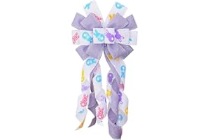 LANGFON Long Easter Wreath Bows, White Purple Rabbits Pattern Spots Burlap Bows for Wreaths - Large Tree Topper Holiday Front Door Decorations Indoor Outdoor Rabbit