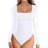 YOGINGO Long Sleeve Square Neck Bodysuits for Womens Going Out Body Suits Basic Leotards Jumpsuits Outfits Shirt Tops Halloween Fall Outfits Dupe Tummy Contro White XL