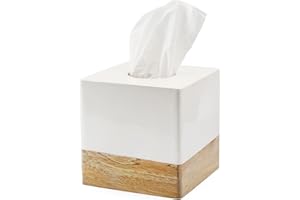 AuldHome Design Square Tissue Box Cover (Enamel/Mango Wood); Minimalist Scandinavian Decor White Cube Tissue Holder