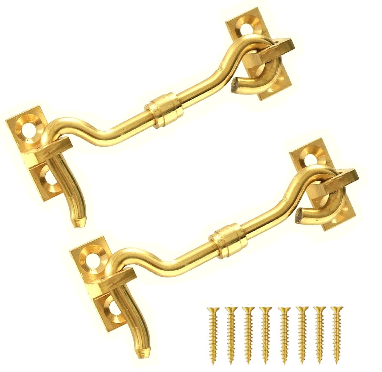 TERF® 100mm Polished Brass Cabin Door Hook and Eye Lock 100mm (4 inch) Cabinet Latch including Fixing Screw For Door Gate Window Closet Shed Latch - Pack of 2