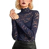 zebemay Women's Floral Lace Top Long Sleeve Mock See Through Mesh Underwear Blouse Shirt S-L
