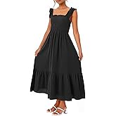 Caracilia Womens Summer Casual Maxi Dress Ruffle Spaghetti Strap Gingham Smocked Long Dresses 2026 Spring Vacation Sundress