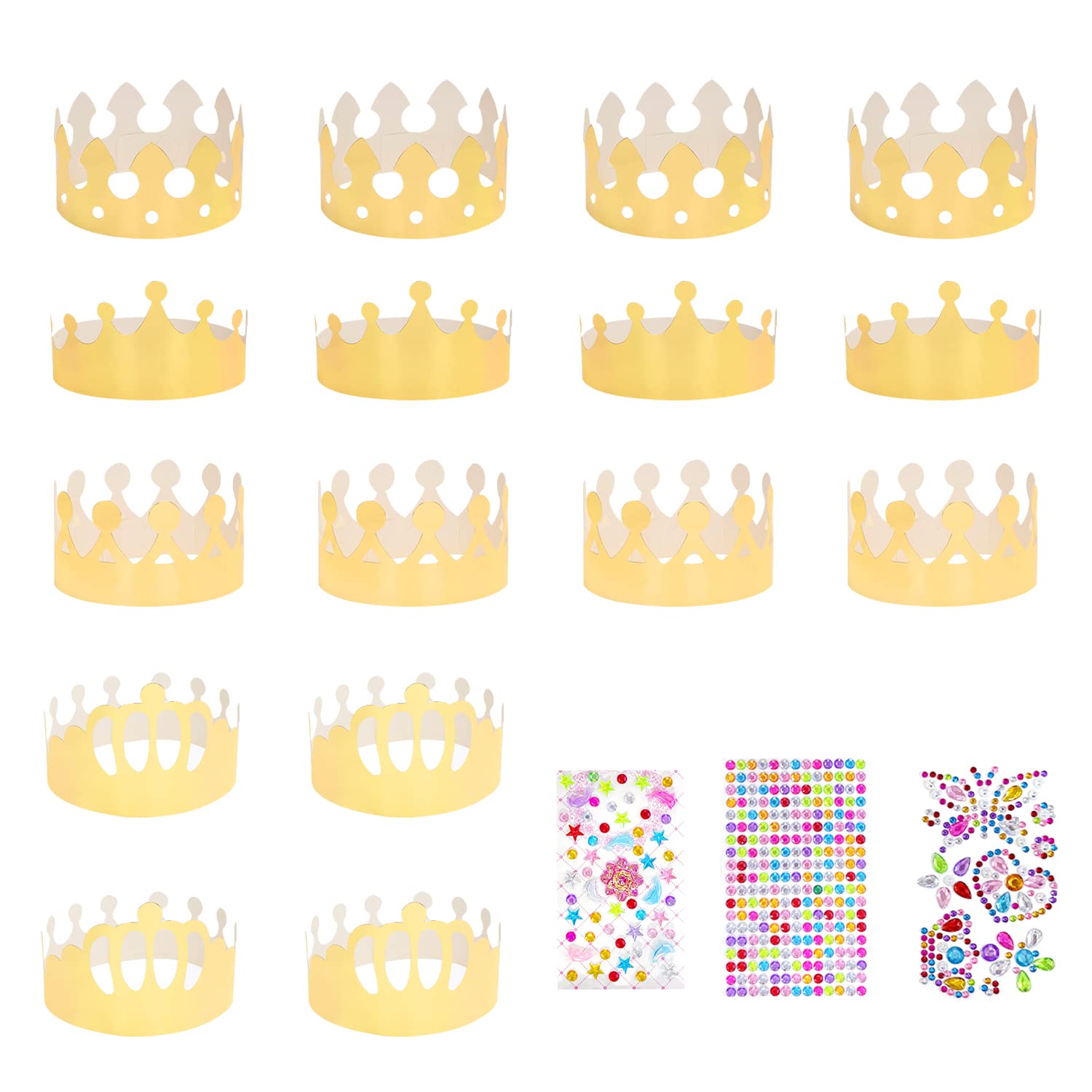 ZWZNBL 16pcs Gold Party Paper Crowns with 111pcs Super Glitter Colorful Number Letter Diamond Stickers, King Crown Party Hats, Kids Party Supplies, Birthday Party Supplies