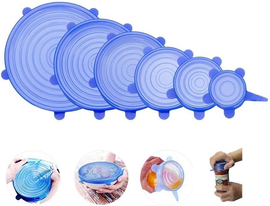 6 Sizes Silicone Stretch Suction Lids Fruit Bowl Covers Elastic Reuseable Fresh Food Storage Cover Kitchen Stretchable Wrap Lids for Cups Pots Jars Cans Blue