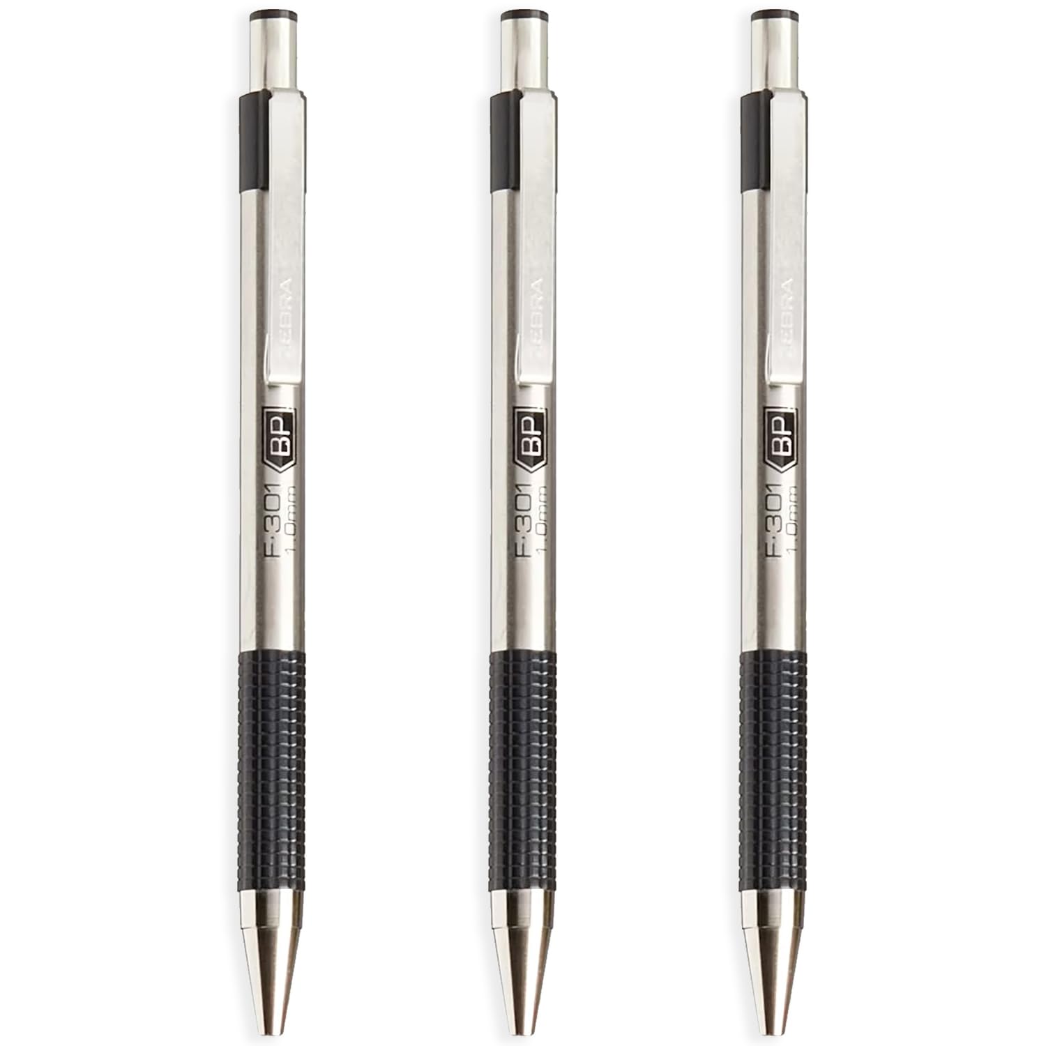 Zebra F-301 - Stainless Steel Retractable Ballpoint Pen - 1.0mm Broad - Black Ink - Pack of 3