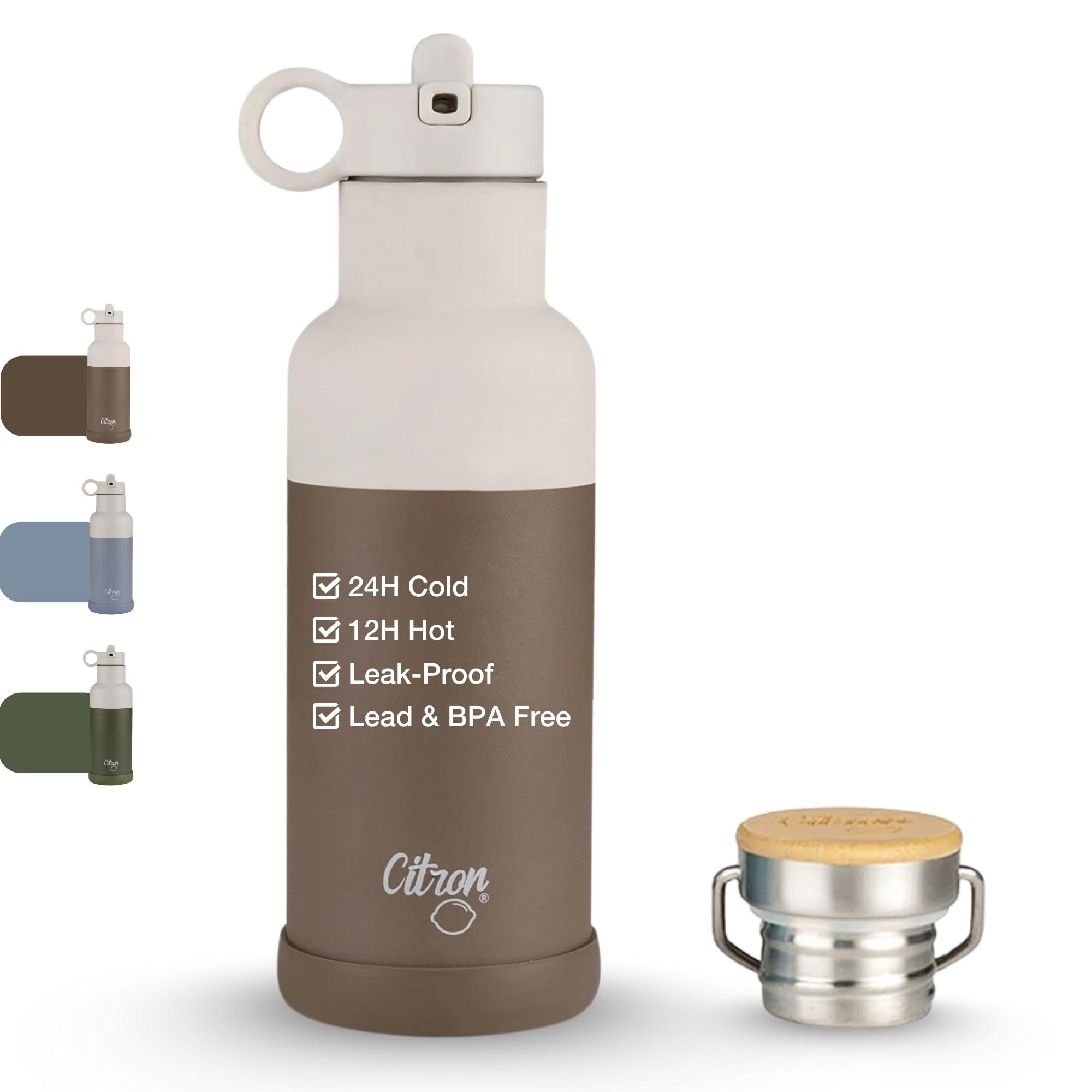 Citron Insulated Water Bottle Stainless Steel, Brown – 500ml, BPA & Lead-Free, Leak Proof Straw/Flask Lids – Keeps Liquids Cold for 24 Hours & Hot for 12 Hours - 16.91 oz — image 1