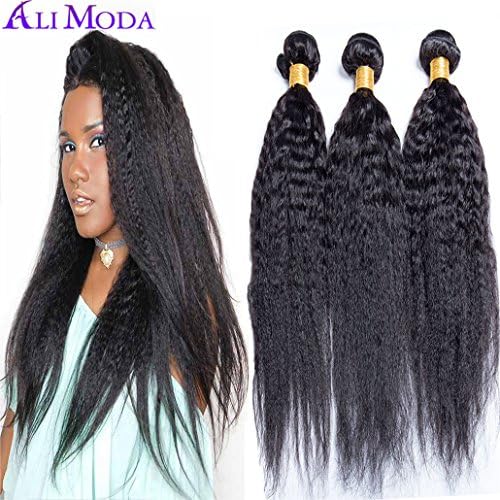 Ali Moda Yaki Kinky Straight Brazilian 3 Bundles 100% Unprocessed Human Virgin Hair Weave Extensions Natural Color (16 18 18)