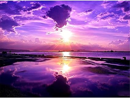 Amazon Com Diy 5d Diamond Painting By Number Kits Diymood Painting Purple Sunset Sea Level Paint With Diamonds Arts Full Drill Canvas Picture For Home Wall Decor 40x50cm 16xinch