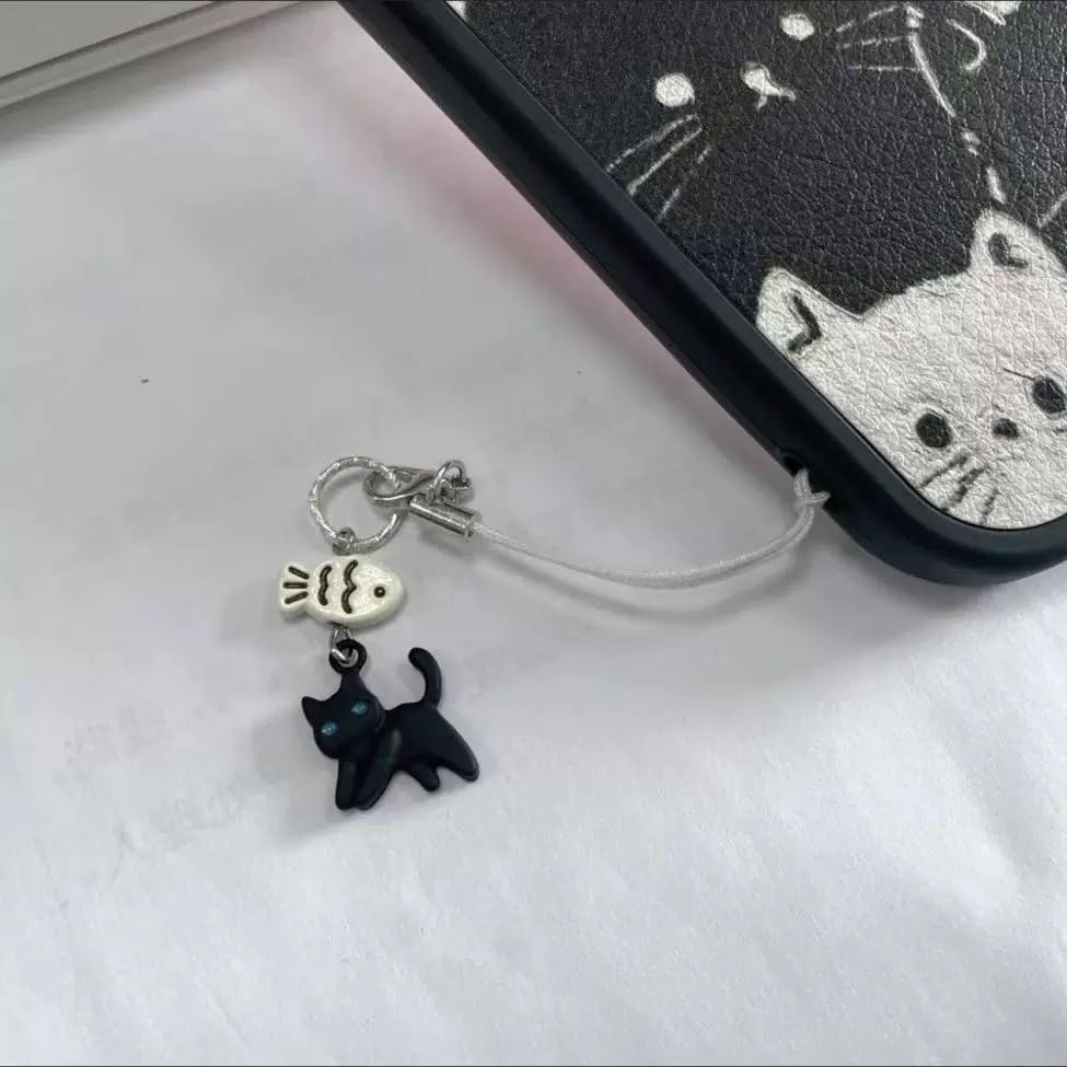 Black Cat Phone Charm Cute Kawaii Cat Fish Phone Bag Charm Accessories