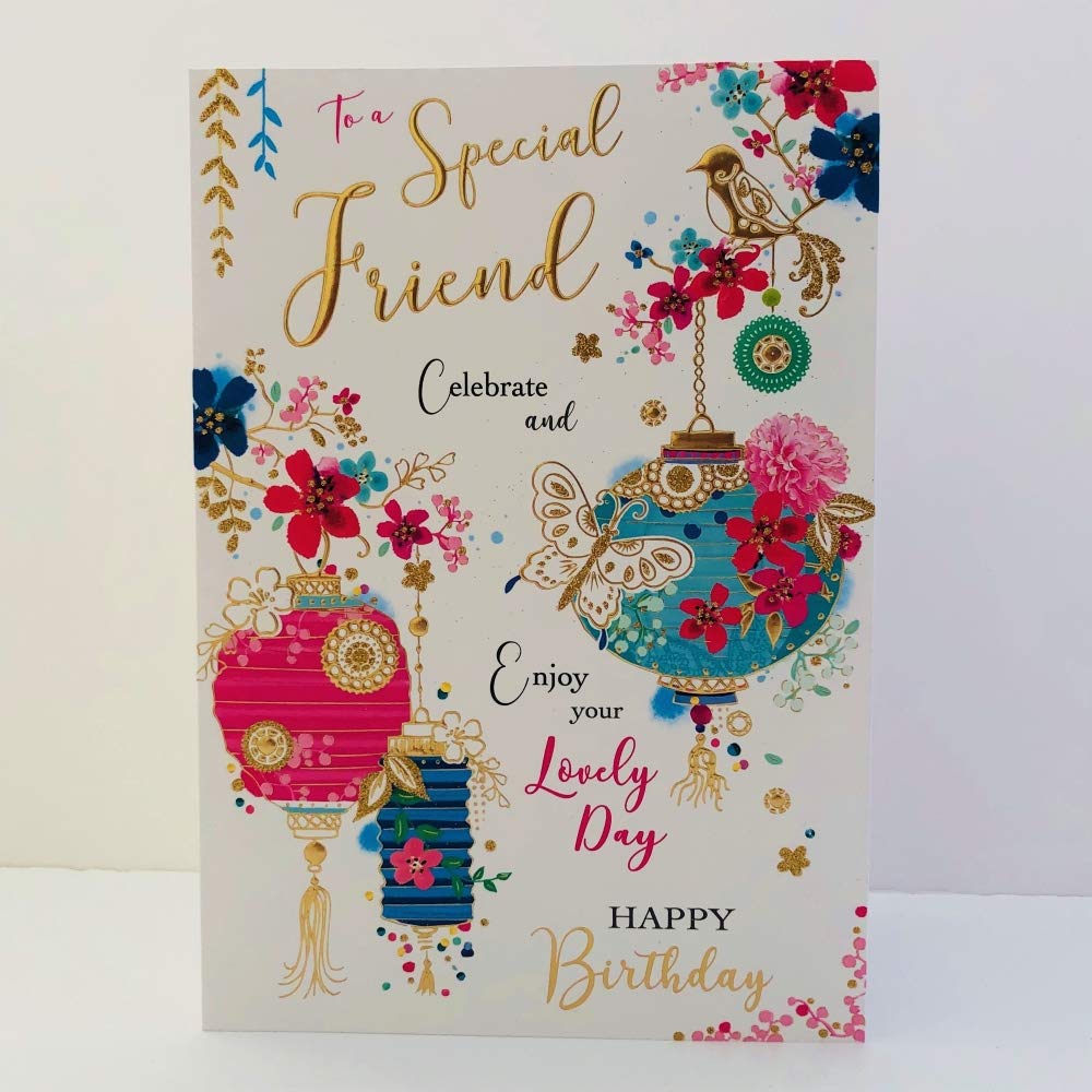 Jonny Javelin Female Special Friend Lovely Day Happy Birthday Card - Bird Lanterns Butterflies