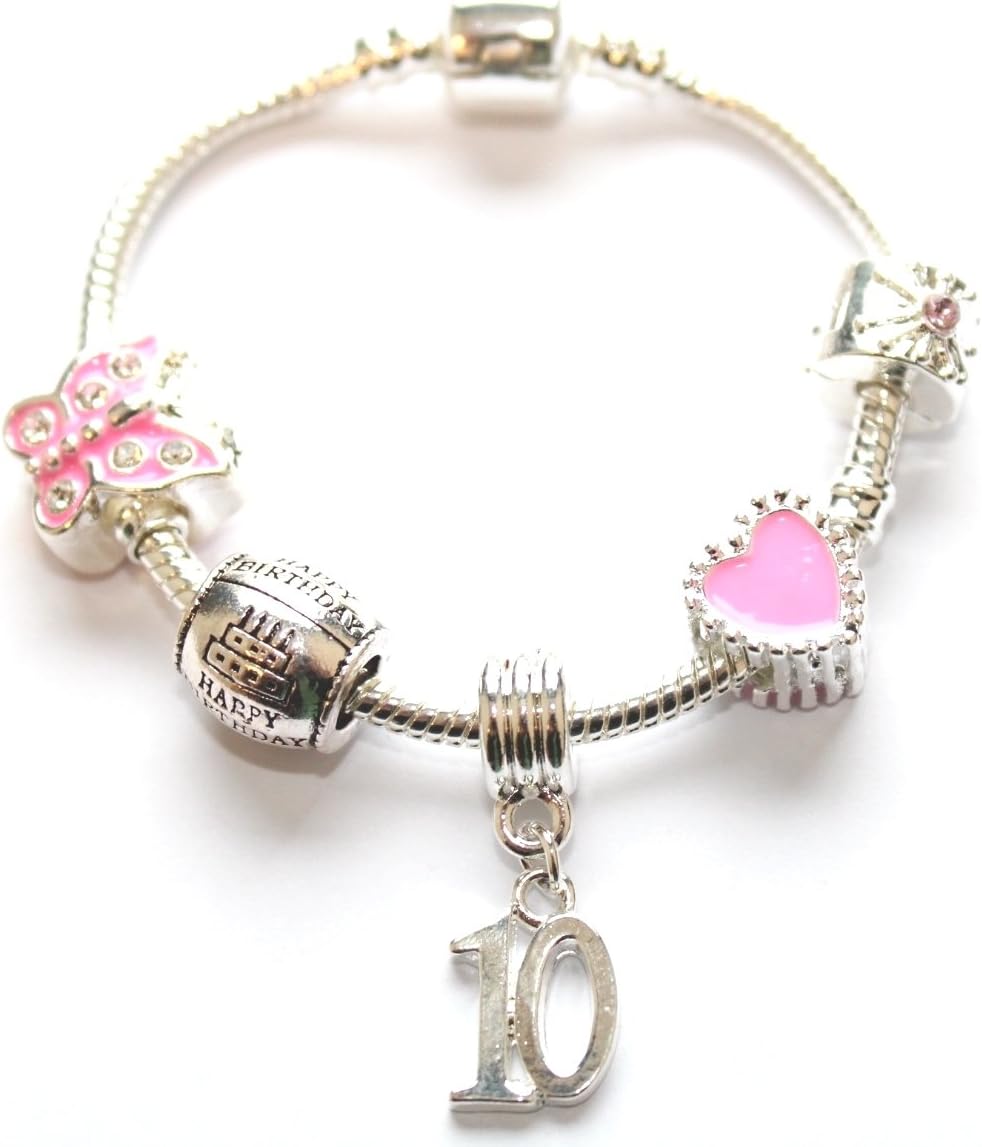 Children's Pink Happy 10th Birthday Silver Plated Charm Bead Bracelet. with Gift Box