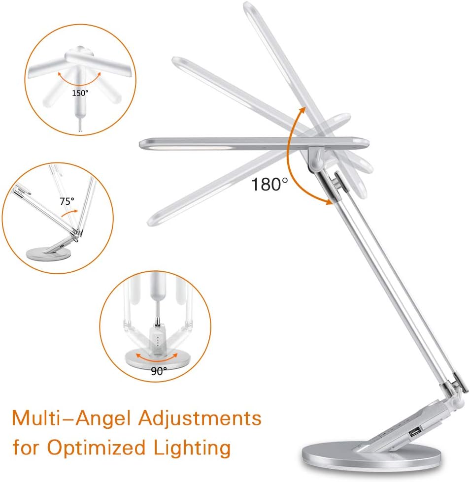 Desk Lamp, JUKSTG 36pcs LEDs 14W 7 Dimming Levels Table Lamps with 4 Lighting Modes, Folding Led Desk Lamps, 1-Hour Auto Timer, USB Charging Port, Touch-Sensitive Control, 5V Reading Lamps, Silver: Home Improvement