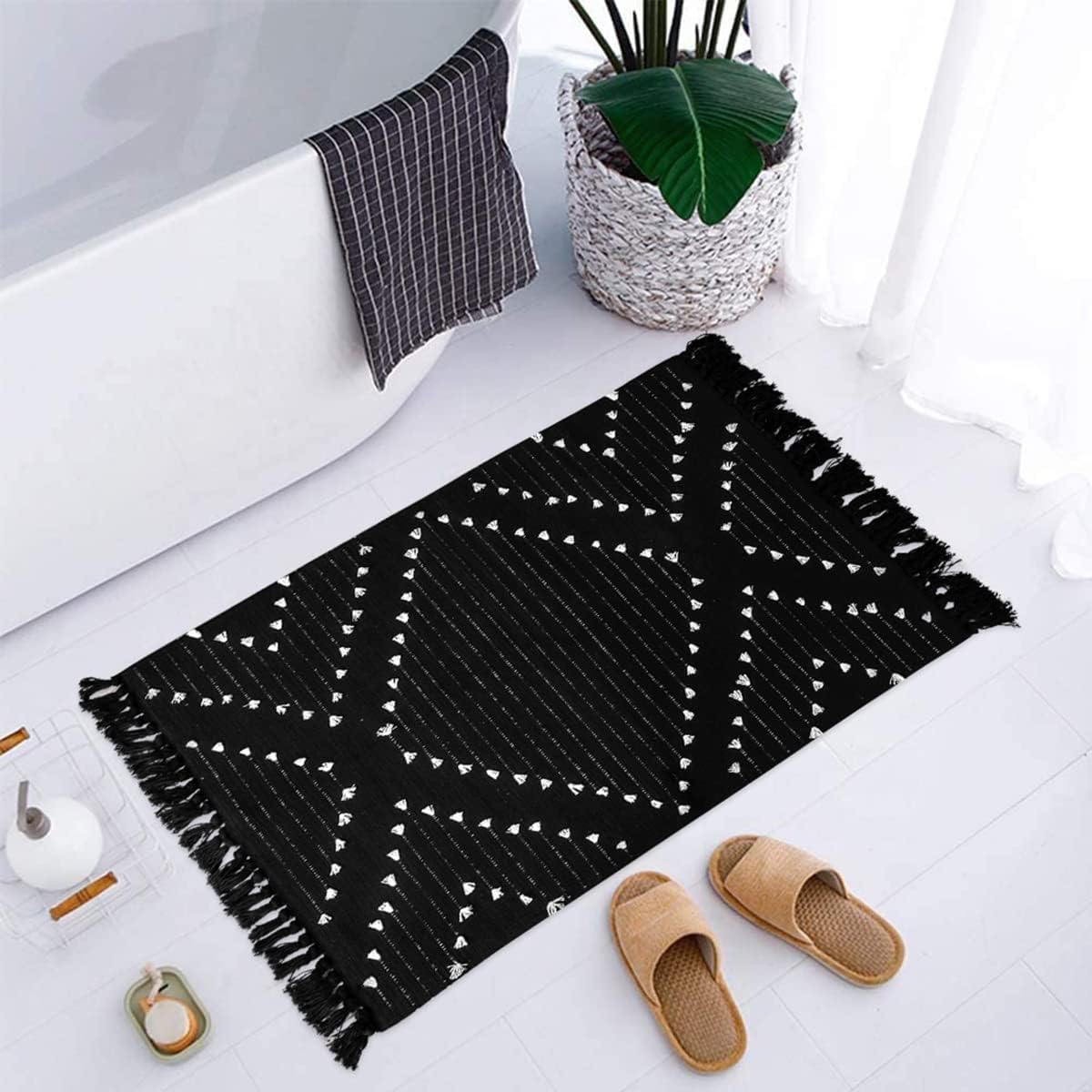 Rugs, Pads & Protectors - LIVEBOX Boho Bathroom Rug 2' x 3' Washable Black Rug Small Moroccan Throw Rug for Bath,Cotton Woven Area Rug Carpet with Tassel for Entryway Kitchen Sink Front Door