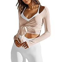 LASLULU Womens Tie Front Pilates Wrap Top Long Sleeve Workout Tops