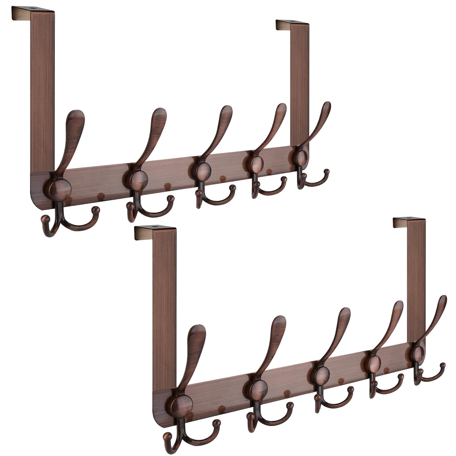 TICONN Over The Door Hooks, 5 Heavy Duty Tri Coat Rack All Metal Coat Hanger for Bathroom Bedroom Dorm (Antique Bronze, 2PK, Fit 1-3/4" Doors) Image