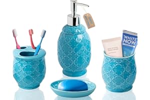Comfify 4-Piece Bathroom Accessory Set - Ceramic Bath Set with Blue Glossy Finish - Modern Vanity Accessories Including Soap Dish, Tumbler, and Toothbrush Holder