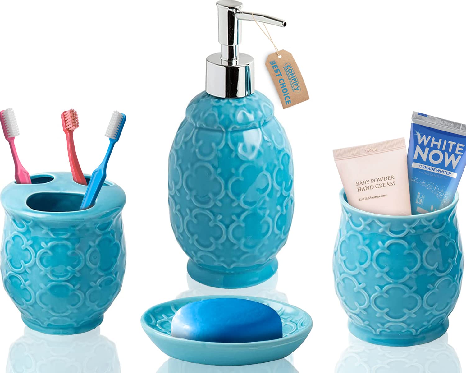 Comfify Bathroom Designer 4-Piece Ceramic Bath Accessory Set - Includes Liquid Soap or Lotion Dispenser w/Toothbrush Holder, Tumbler, Soap Dish - Moroccan Trellis - Bath Accessories Set - Holds 461ml