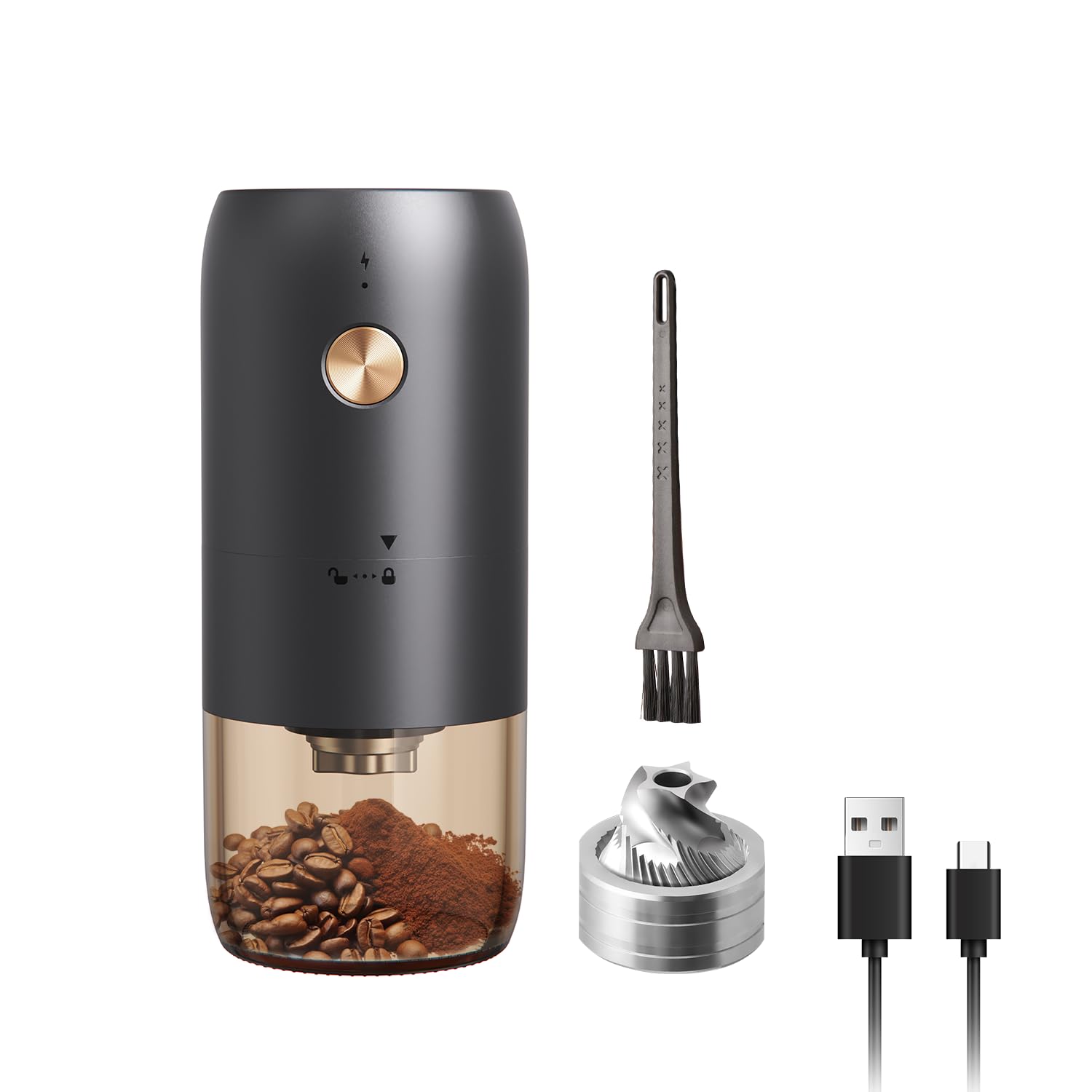 ELMWAY Portable Electric Coffee Grinder – Rechargeable Stainless Steel Burr Grinder for Freshly Ground Coffee Anywhere, Precise Grinding & Internal Adjustable Coarseness – Black