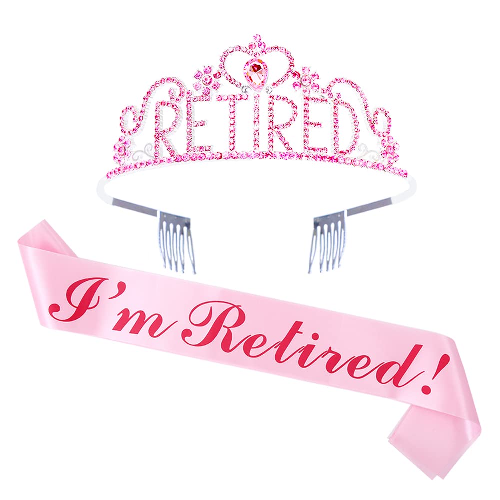 GotGala Retirement Tiara and Sash Set - I'm Retired Pink Stain Sash Crystal Crown Retirement Gift for Women Retirement Party Decorations