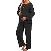OUGES Womens Cotton Blend Maternity Pajama Sets Tie Front Loungewear Pregnancy Sleepwear Top & Long Pants with Pockets