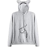 Women Teen Girls Hoodie Sweatshirt With Cute Cat Ear and Sleeping Cat Printed Pullover