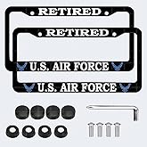 2Pcs Retired License Plate Frames for U.S. Air Force,2 Holes Matte Aluminum Black Car Licenses Plate Covers Holders for USAF with Screw Caps