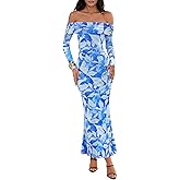 MEROKEETY Women's Fall Off Shoulder Floral Maxi Dresses Formal Long Sleeve Bodycon Cocktail Wedding Guest Dress