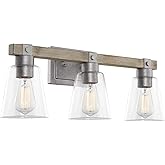 Kira Home Asher 23" 3-Light Farmhouse Vanity/Bathroom Light + Conic Glass Shades, Bleached Oak + Galvanized Steel Finish