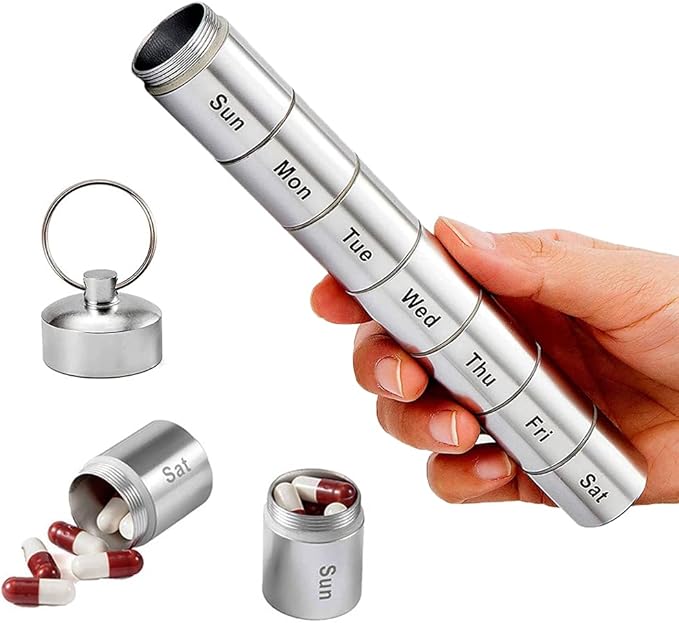 Metal Pill Box 7 Day, Aluminum Alloy Organizer Pill Case, Travel Pill