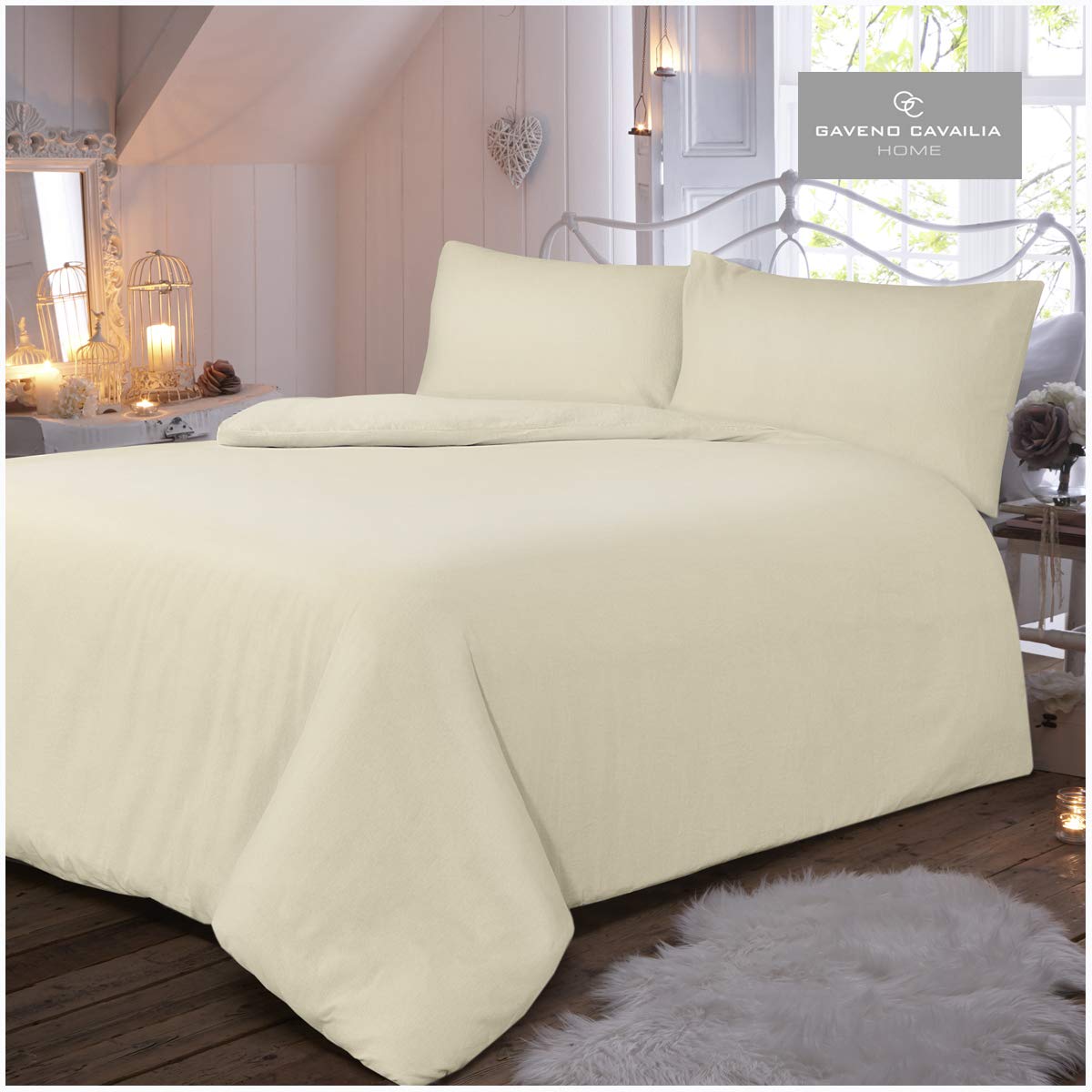 Gaveno Cavailia Luxury Brushed 100% Cotton Plain Dyed Flannel Duvet Set, [ King - Cream ]