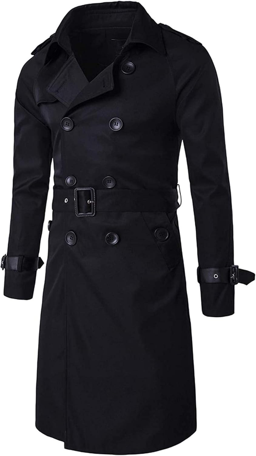 Men's Classic Stylish Double Breasted Belted Midi Long Trench Coat