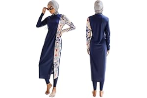 Womens Muslim Burkini 3 Piece Swimsuit Full Coverage Side Slits Long Dress Bathing Suit Long Sleeve Rash Guard Swimwear