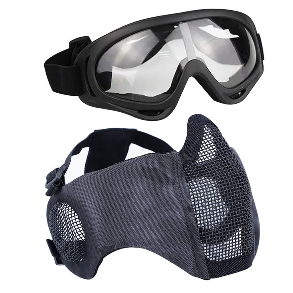 Airsoft Protective Gear Set, Half Face Mesh Masks with Ear Protection and Goggles Set for CS/Hunting/Paintball/Shooting (TY)
