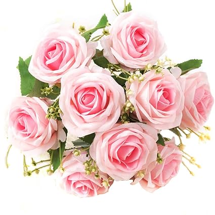 Xonor Soie Artificielle Fleurs Faux Bouquet De Fleurs De Demoiselle Dhonneur De Mariée Pour La Maison Jardin Décoration De Noce 9 Têtes 31cm Rose