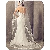 Unsutuo Cathedral Wedding Veil 1 Tier Lace Applique Bridal Veil Long Tulle Veil with Comb for Women and Bride (Ivory)