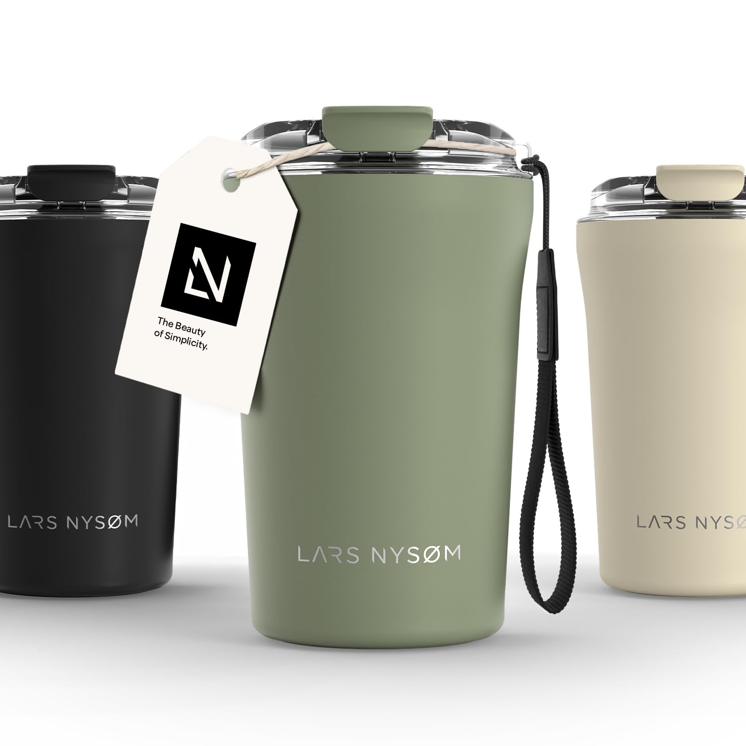 LARS NYSØM Thermo Coffee Mug-to-go with Strap 13oz | Travel Mug 0.38 Liter with Insulation | Leak Proof Stainless Steel Thermal Tumbler for Coffee and Tea to Go (Sage Green, 380ml)