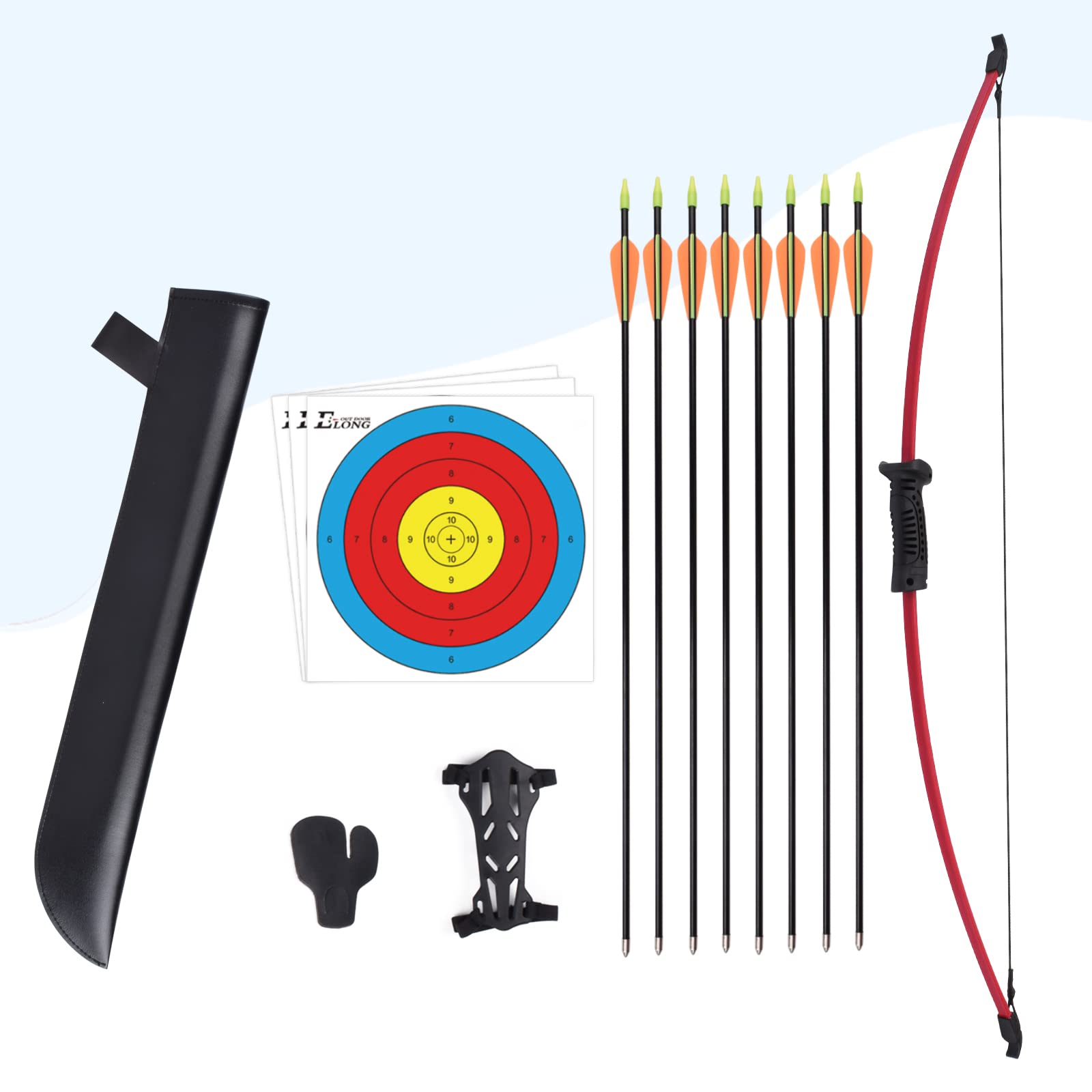 ELONG OUTDOOR Archery Set Recurve Bow and Arrow Set for Teams Game (Includes 8 Arrows, Armguard, Quiver, Target Face, Finger Tab)for Adults Archery Beginner