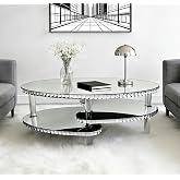 Maotifeys Modern Silver Mirror Coffee Table for Living Room Luxury 43" Oval Glass Coffee Tables with Crystal Trim and Acrylic Legs Elegant Mirrored Center Table with Storage Shelves