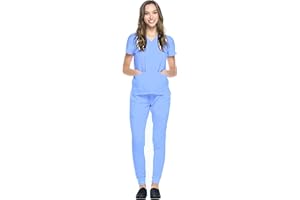 Dagacci Medical Uniform® Jogger Scrubs for Women Set – V-Neck Scrub Top & Elastic Jogger Scrub Pants for Women 8 Pockets