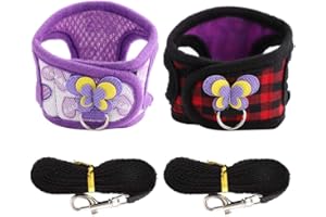 Sheens 2Pcs Chinchilla Harness and Training Rope Small Animal Outdoor Walking Vest for Rabbit Squirrel Bunny Ferret Guinea Pig Red Grid+Purple Hearts(S)