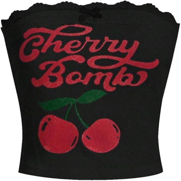 BEAUDRM Women's Y2k Letter Cherry Graphic Tube Crop Top Lace Trim