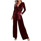 HGps8w Women's Dressy Velvet Jumpsuits 2025 Elegant Wrap V Neck High Waisted Wide Leg Formal Pantsuits Rompers with Pockets