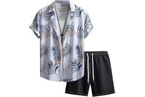 GORGLITTER Men's 2 Piece Outfits Floral Short Sleeve Button Down Shirt with Drawstring Waist Shorts Set